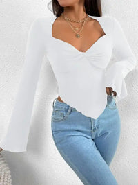 V-neck Flared Sleeves Waist Trimming Knitted Long Sleeve T-shirt