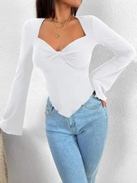 V-neck Flared Sleeves Waist Trimming Knitted Long Sleeve T-shirt