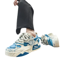 Blue and white patterned sneakers.