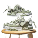 Olive green and white patterned sneakers.