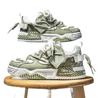 Olive green and white patterned sneakers.