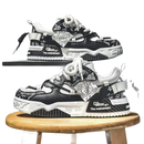 Black and white patterned sneakers.