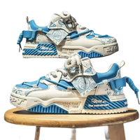Two blue and white sneakers.