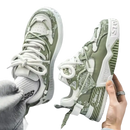 Olive green and white patterned sneakers.