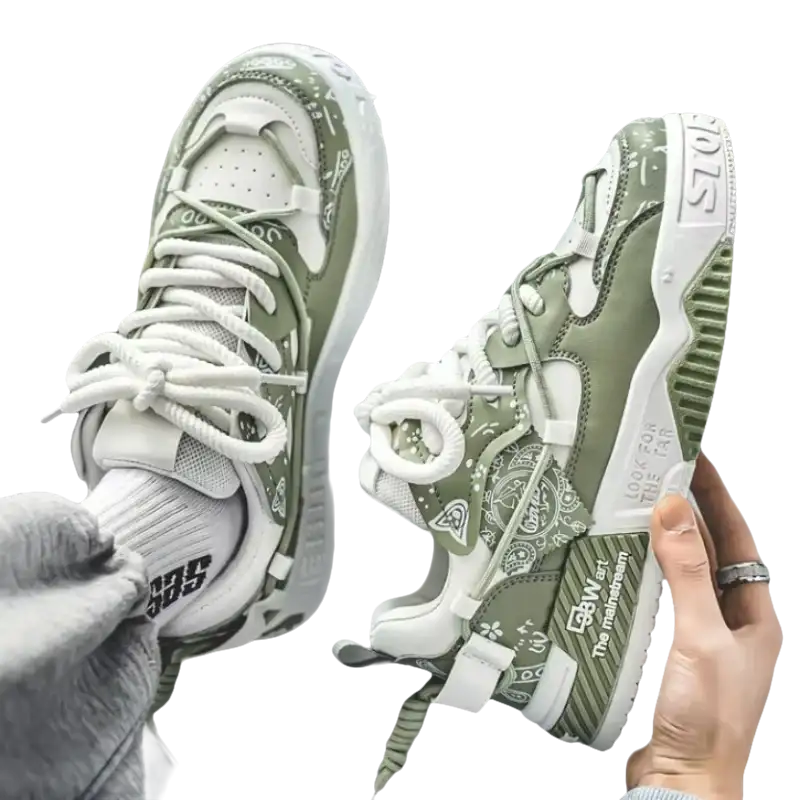 Olive green and white patterned sneakers.