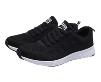 Black running shoes with white soles.