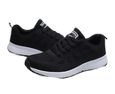 Black running shoes with white soles.