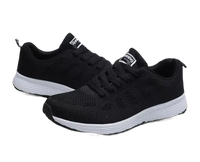 Black running shoes with white soles.