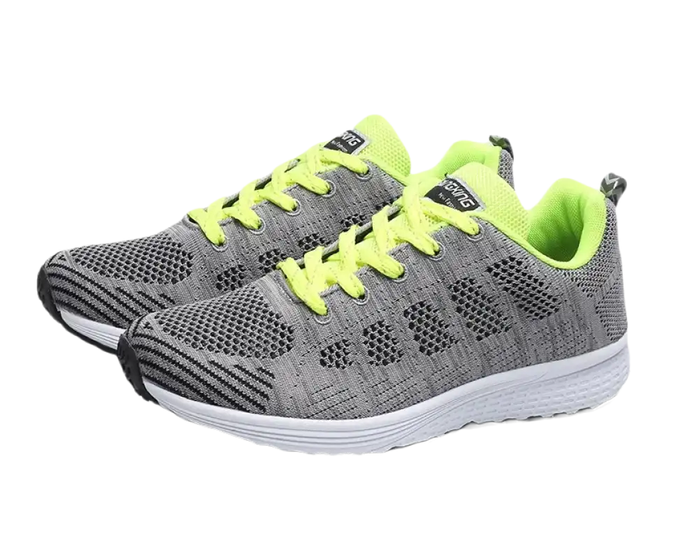 Gray and neon yellow running shoes.