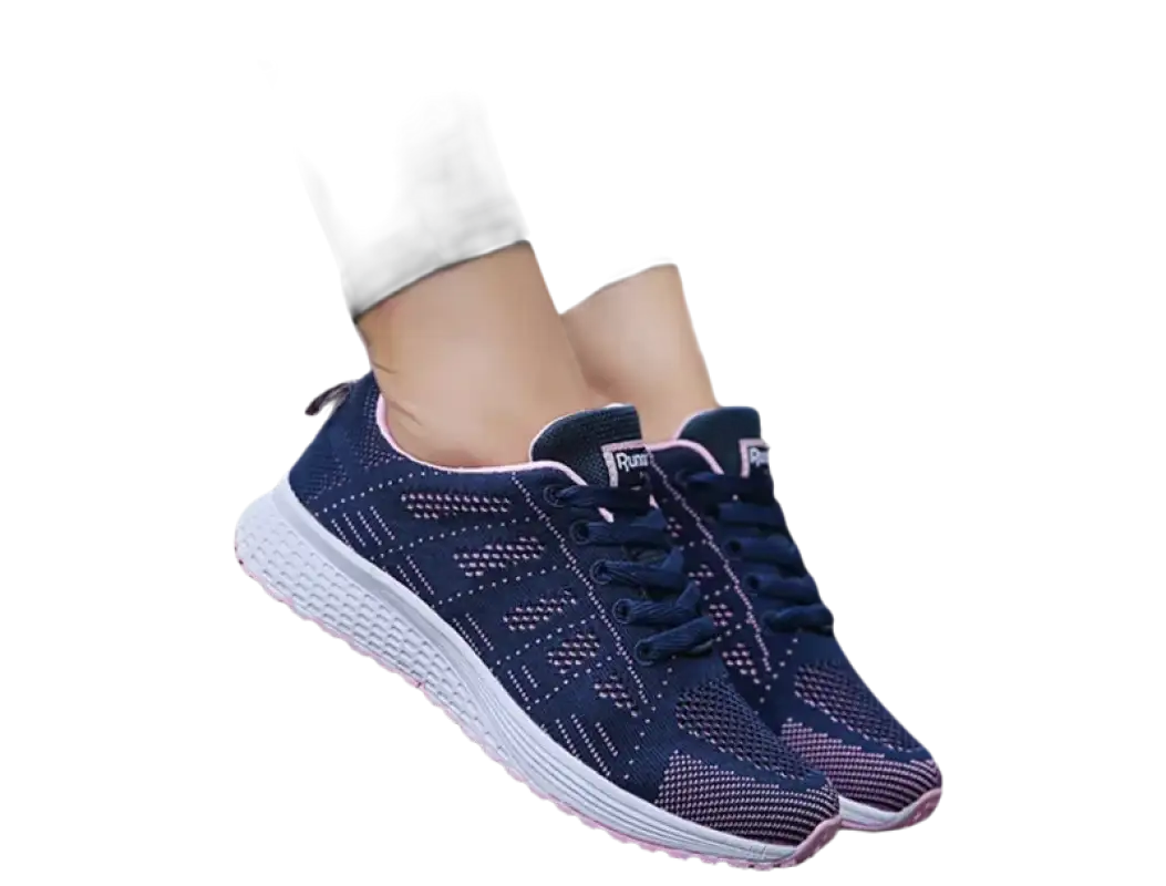 Navy blue knit running shoes.