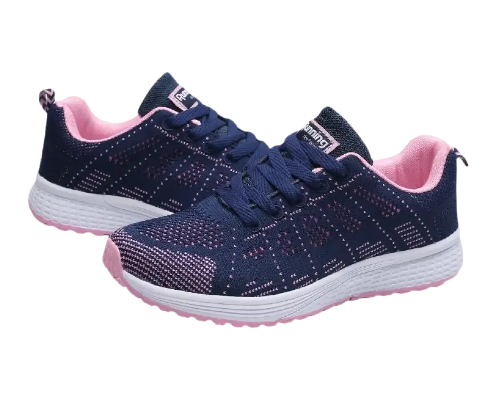 Navy and pink running shoes.