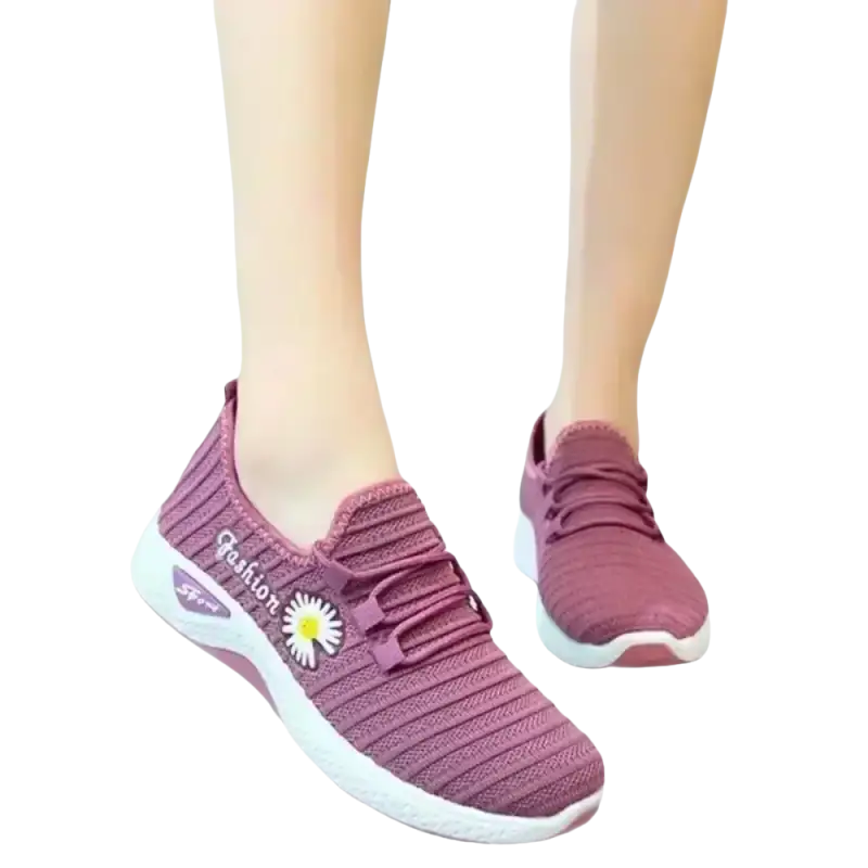 Mauve knit sneakers with daisy accent, stylish women’s sports shoes with mesh soles