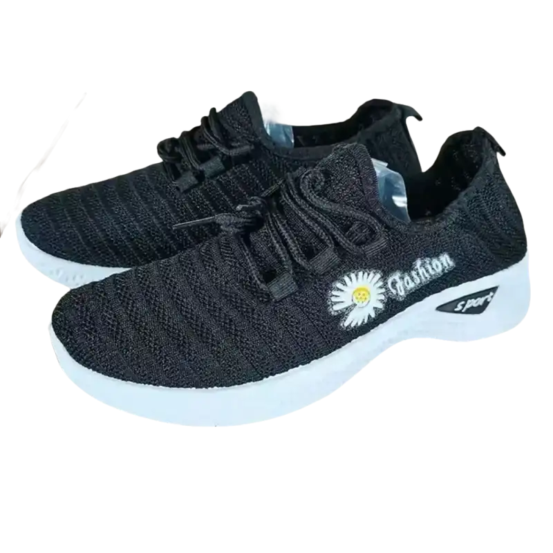 Black knit sneakers with daisy design, trendy women’s sports shoes for fashionable women
