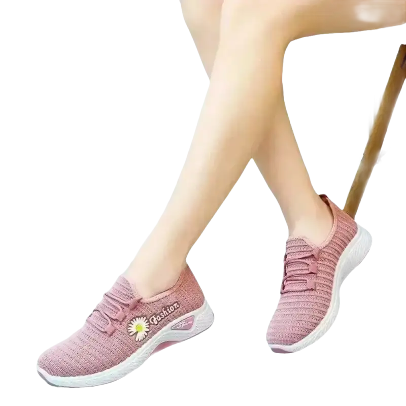 Pink slip-on sneakers from Daisy Knit Sneakers, trendy women’s sports shoes for fashion-forward ladies
