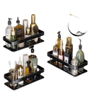 Bathroom corner shelves with toiletries.