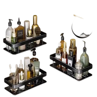 Bathroom corner shelves with toiletries.