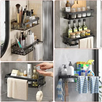 Bathroom storage shelves with towel bars.