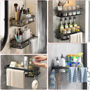 Black metal wall-mounted storage shelves.