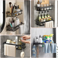 Black metal wall-mounted storage shelves.
