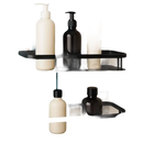 Two black corner shelves with toiletries.