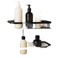 Two black corner shelves with toiletries.