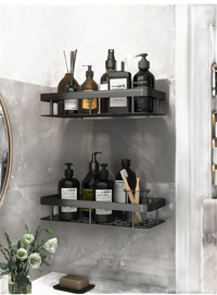 Two black metal bathroom shelves.