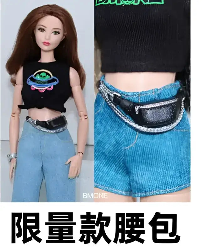 Doll wearing a black crop top, blue jeans, and a black fanny pack.