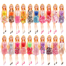 Twenty fashion dolls in colorful dresses.