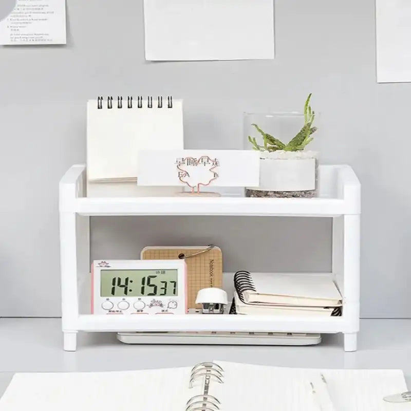 Dual-Layer White Desk Organizer Rack