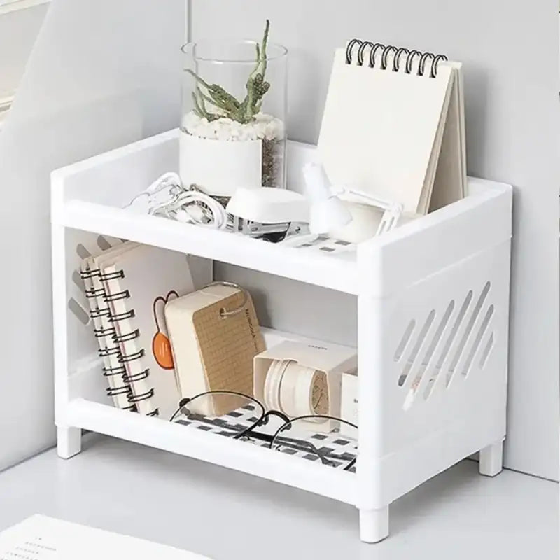 Dual-Layer White Desk Organizer Rack