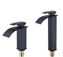 Two black waterfall faucets with dimensions.