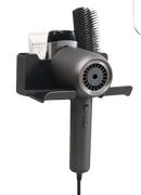 Gray hair dryer and accessories holder.