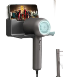 Gray hair dryer with phone holder.