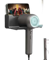 Gray hair dryer with phone holder.