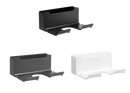 Three wall-mounted headphone holders.