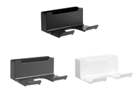 Three wall-mounted headphone holders.