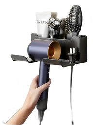 Wall-mounted hair dryer and accessories organizer.
