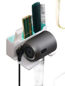 Wall-mounted hair dryer holder with storage compartments.