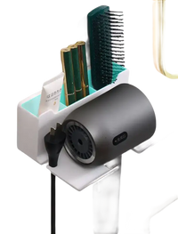 Wall-mounted hair dryer holder with storage compartments.