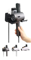Wall-mounted hair dryer holder.