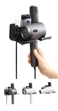 Wall-mounted hair dryer holder.