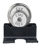 Weight plates in a black holder.