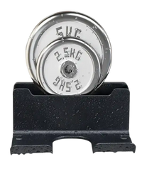 Weight plates in a black holder.