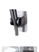 Shower head holder with adhesive backing.