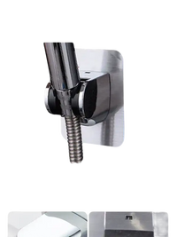 Shower head holder with adhesive backing.