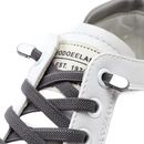 White leather sneaker with gray laces.