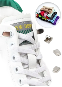 White sneaker with shoelaces and metal accessories.
