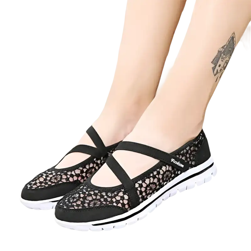 Black lace Mary Jane shoes.