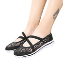 Black lace slip-on shoes.