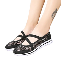 Black lace slip-on shoes.